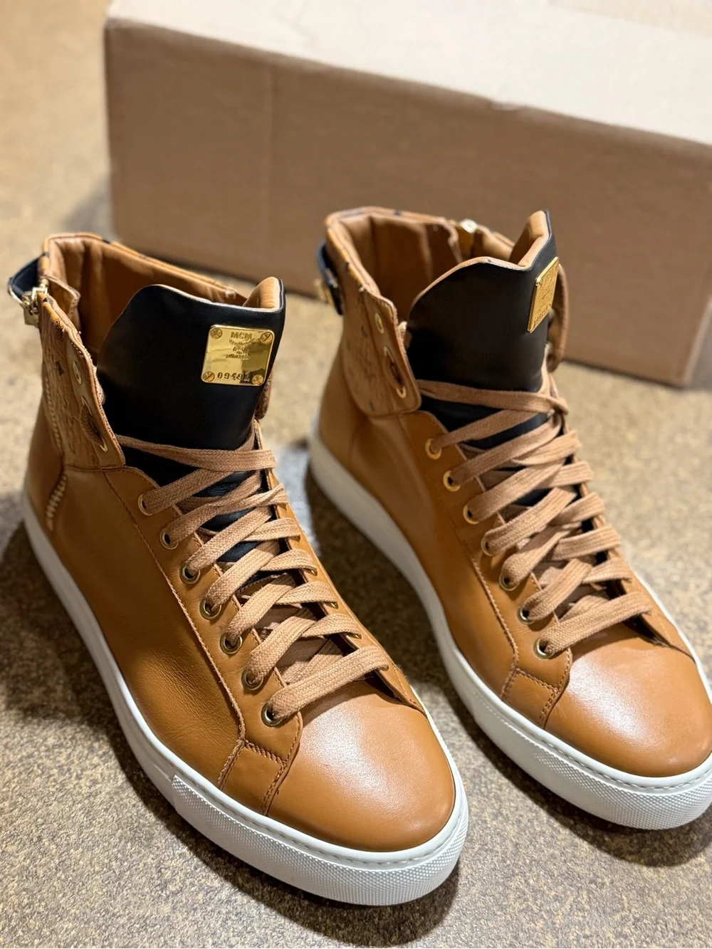 MCM Tan & Black Leather Chukka Sneakers with Gold Logo Plate